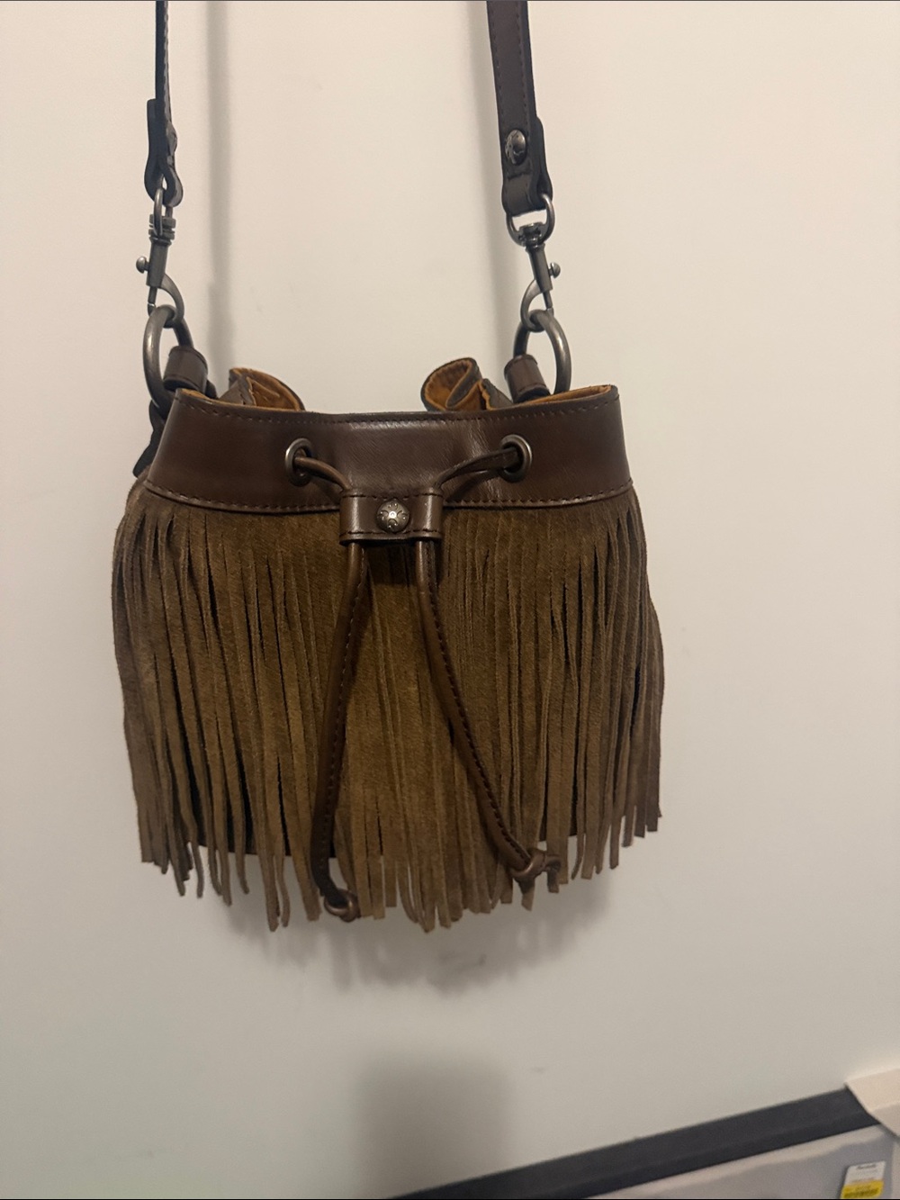Patricia Nash Brown Suede Fringe Drawstring Crossbody
